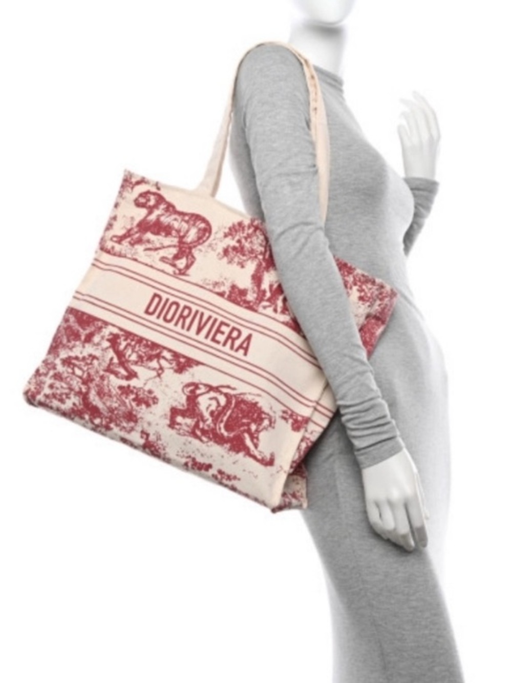 NEW! Dior GWP VIP Riviera Red and Cream Printed Straw Tote